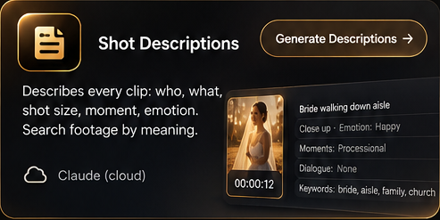 Shot Descriptions: describes every clip so you can search footage by meaning.